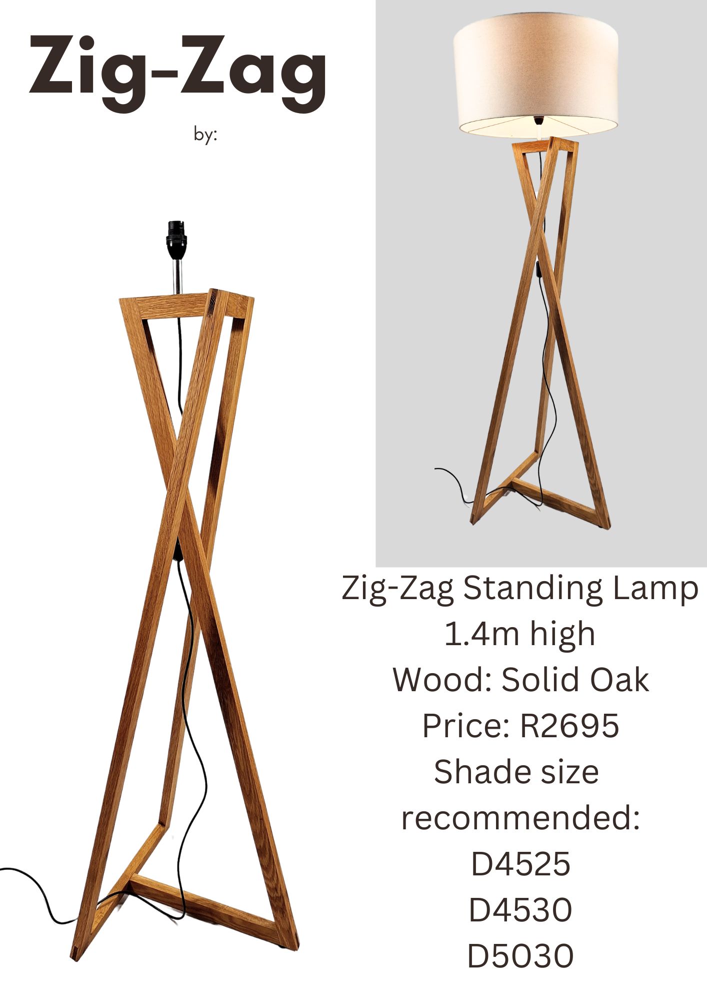 Zig-zag Floor Lamp in Oak or Washed Pine Wood